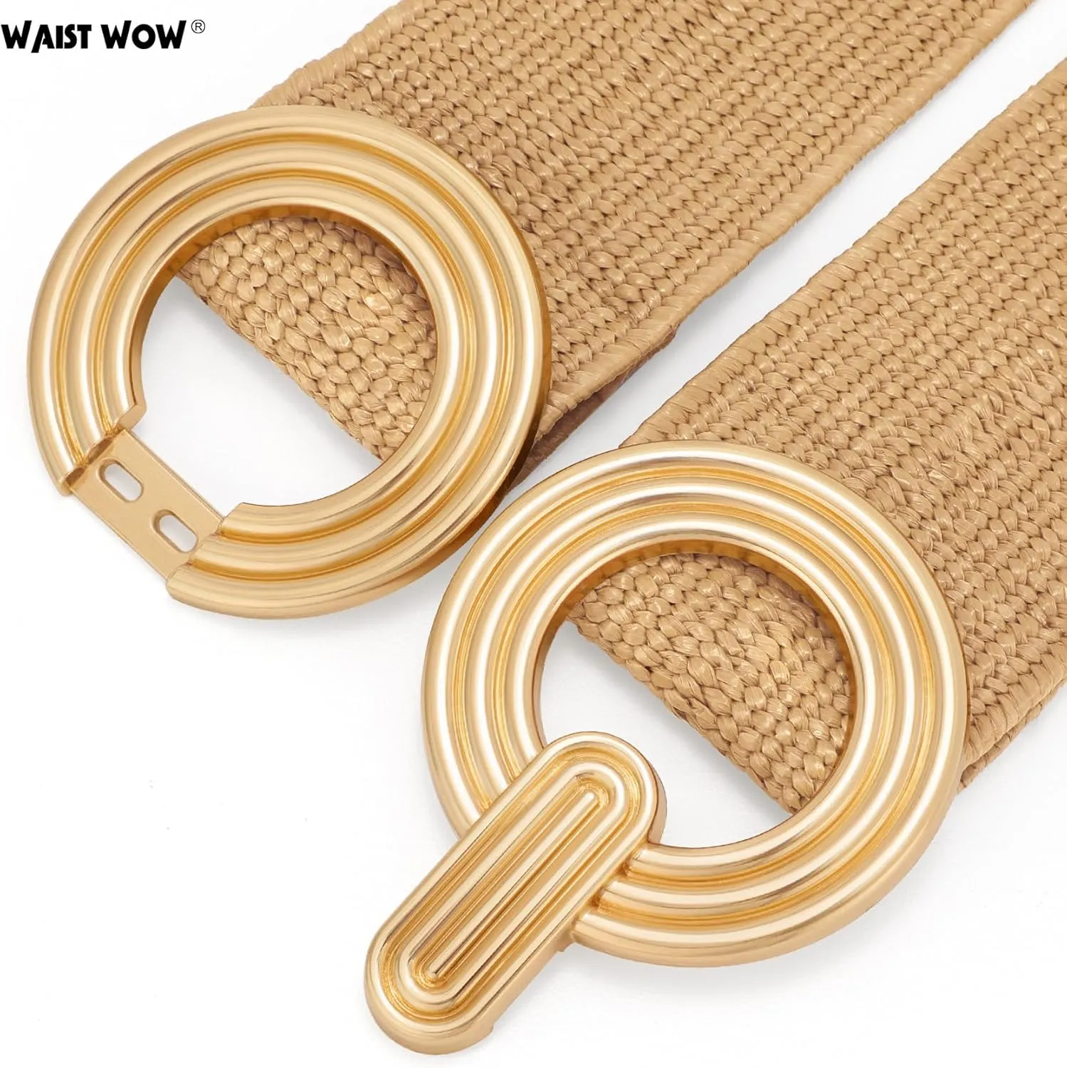 Straw Woven Elastic Belt for Women Fashion Wide Belts Stretchy Boho Belt Ladies Beach Dress Belt with Gold Buckle
