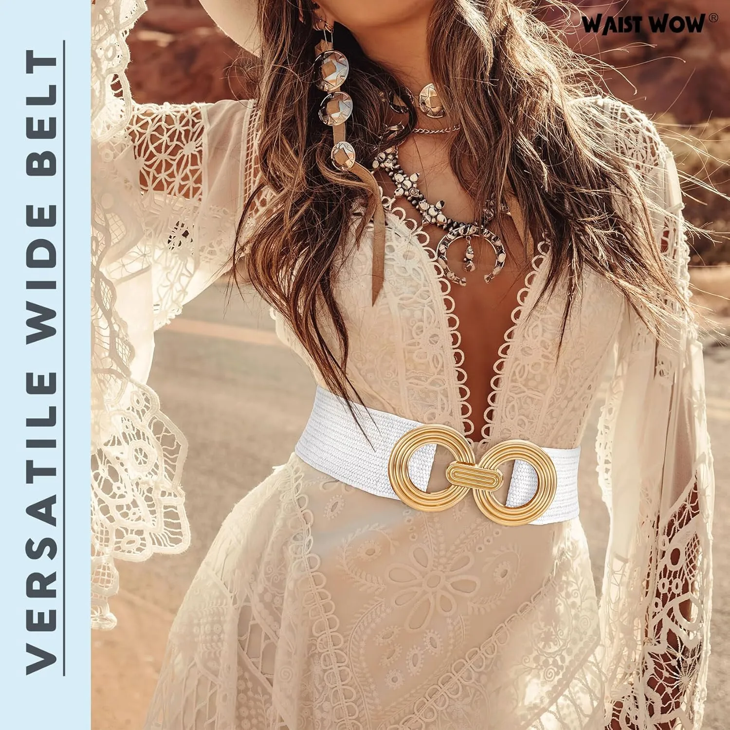 Straw Woven Elastic Belt for Women Fashion Wide Belts Stretchy Boho Belt Ladies Beach Dress Belt with Gold Buckle