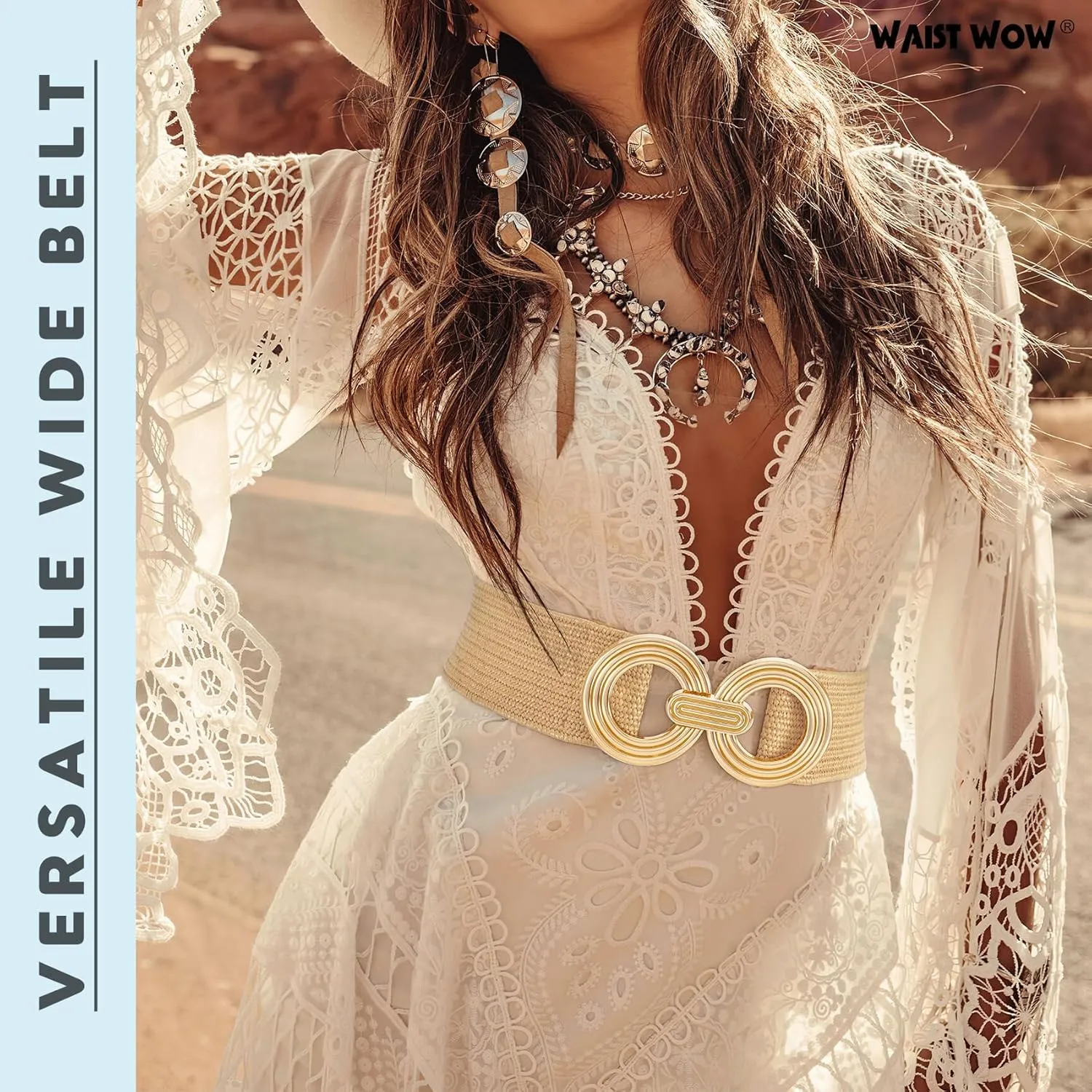 Straw Woven Elastic Belt for Women Fashion Wide Belts Stretchy Boho Belt Ladies Beach Dress Belt with Gold Buckle