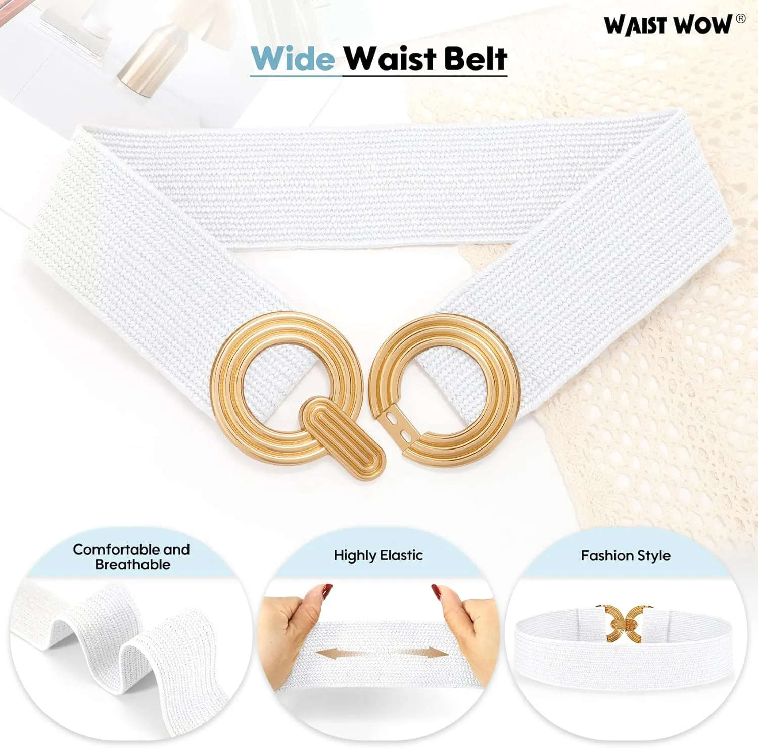 Straw Woven Elastic Belt for Women Fashion Wide Belts Stretchy Boho Belt Ladies Beach Dress Belt with Gold Buckle