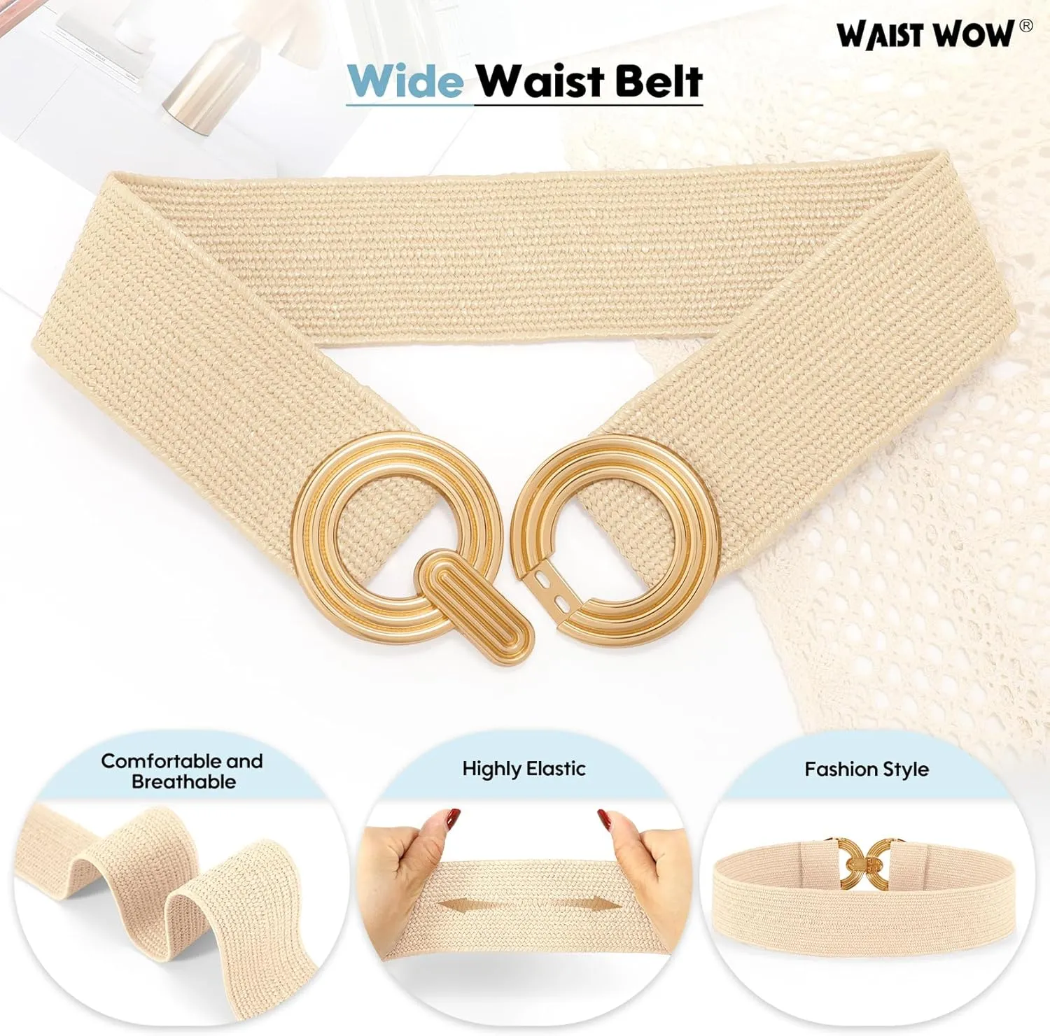 Straw Woven Elastic Belt for Women Fashion Wide Belts Stretchy Boho Belt Ladies Beach Dress Belt with Gold Buckle