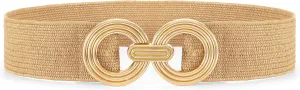 Straw Woven Elastic Belt for Women Fashion Wide Belts Stretchy Boho Belt Ladies Beach Dress Belt with Gold Buckle