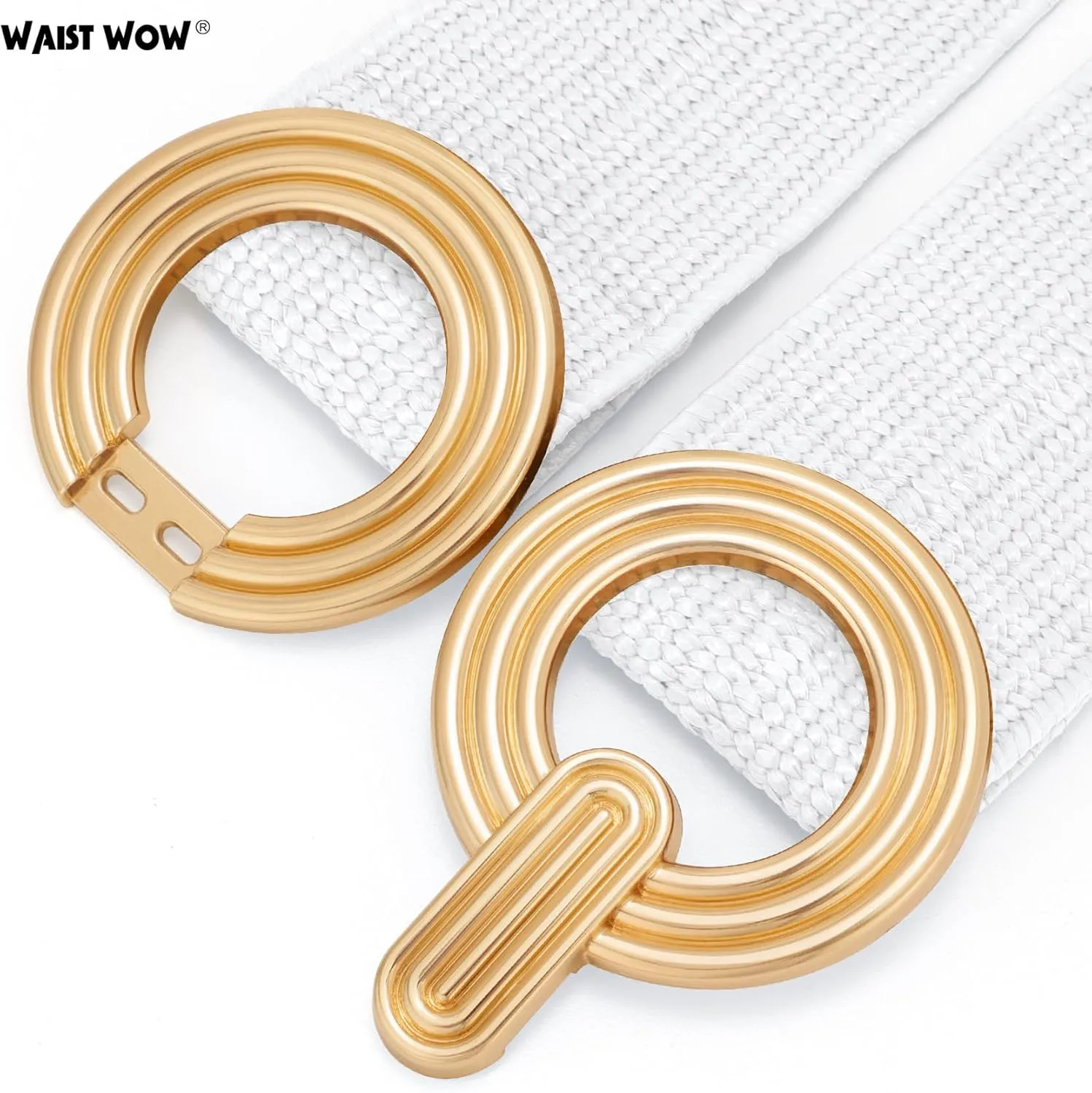Straw Woven Elastic Belt for Women Fashion Wide Belts Stretchy Boho Belt Ladies Beach Dress Belt with Gold Buckle