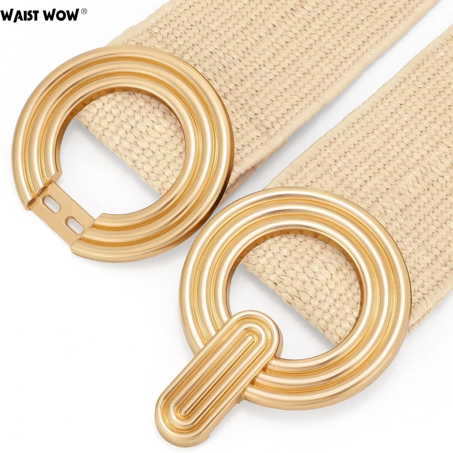 Straw Woven Elastic Belt for Women Fashion Wide Belts Stretchy Boho Belt Ladies Beach Dress Belt with Gold Buckle