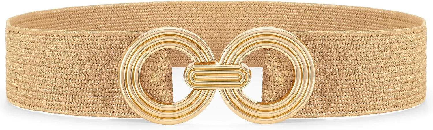 Straw Woven Elastic Belt for Women Fashion Wide Belts Stretchy Boho Belt Ladies Beach Dress Belt with Gold Buckle