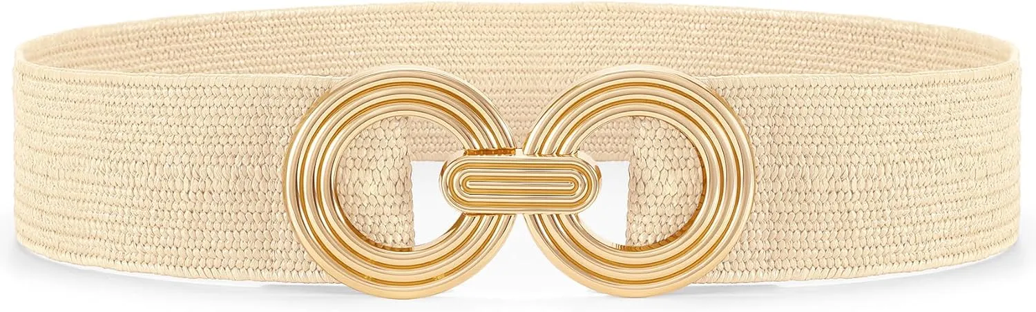 Straw Woven Elastic Belt for Women Fashion Wide Belts Stretchy Boho Belt Ladies Beach Dress Belt with Gold Buckle