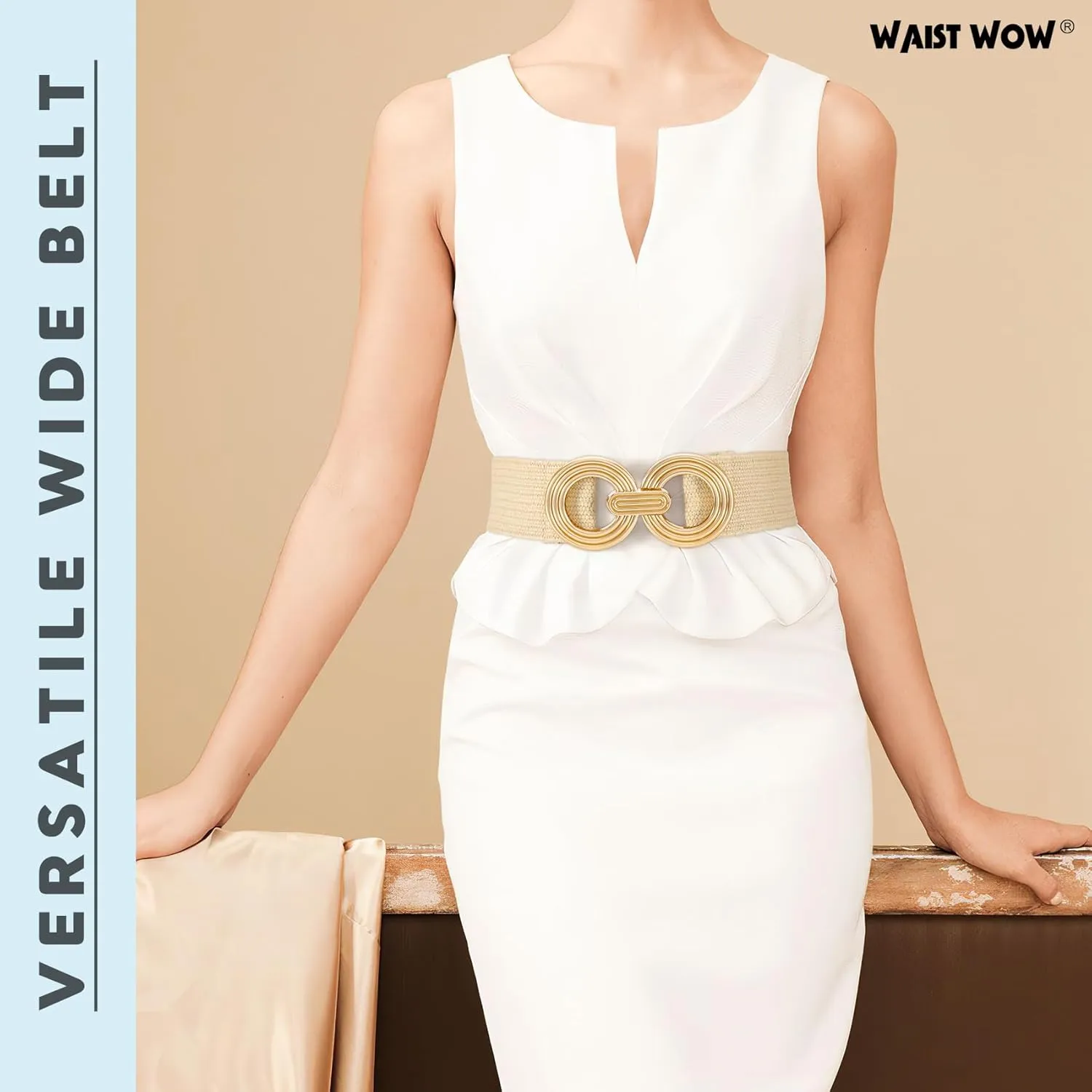 Straw Woven Elastic Belt for Women Fashion Wide Belts Stretchy Boho Belt Ladies Beach Dress Belt with Gold Buckle
