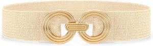 Straw Woven Elastic Belt for Women Fashion Wide Belts Stretchy Boho Belt Ladies Beach Dress Belt with Gold Buckle
