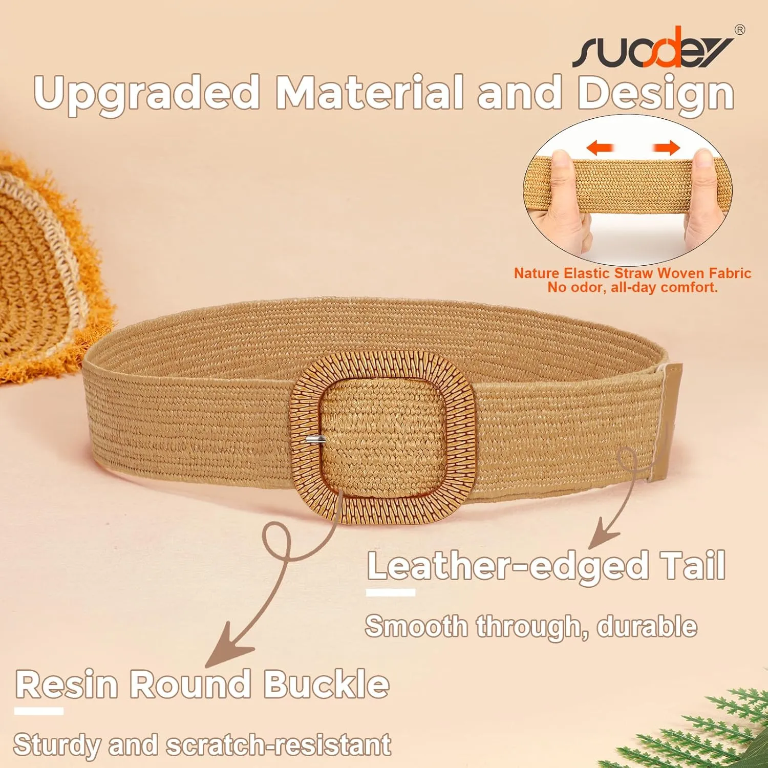 SUOSDEY Straw Woven stretchy Waist Belt for Women Dresses,Wide Boho Braided Elastic Belt with Round Buckle