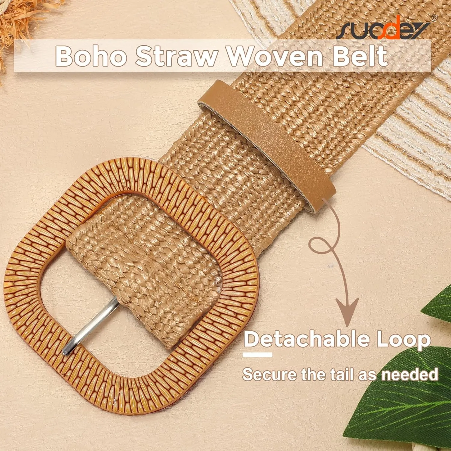 SUOSDEY Straw Woven stretchy Waist Belt for Women Dresses,Wide Boho Braided Elastic Belt with Round Buckle