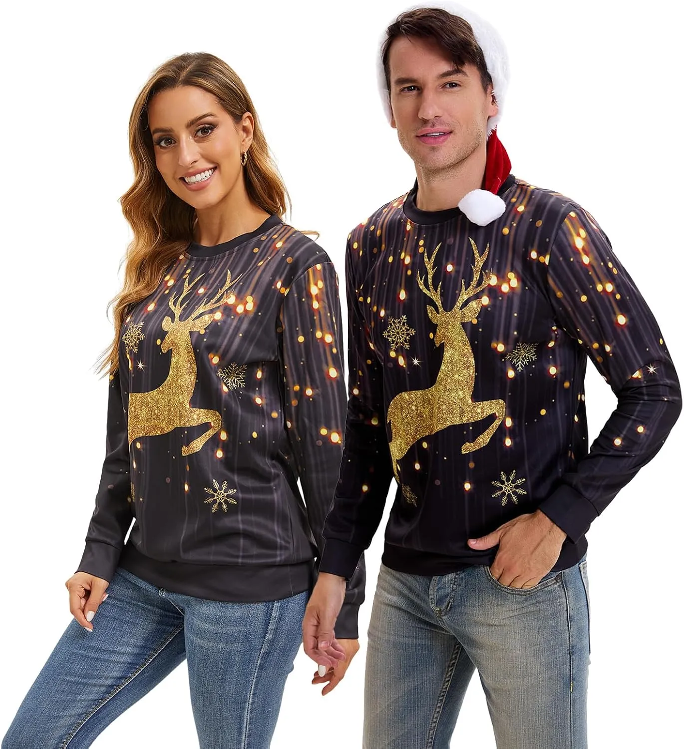 Ugly Christmas Sweater Women Men Novelty 3D Funny Pullover Crewneck Sweatshirt with Santa Hat for Party