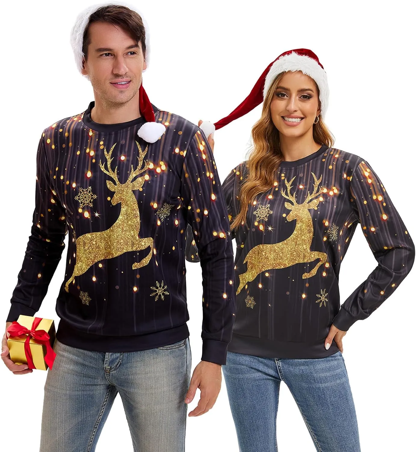 Ugly Christmas Sweater Women Men Novelty 3D Funny Pullover Crewneck Sweatshirt with Santa Hat for Party