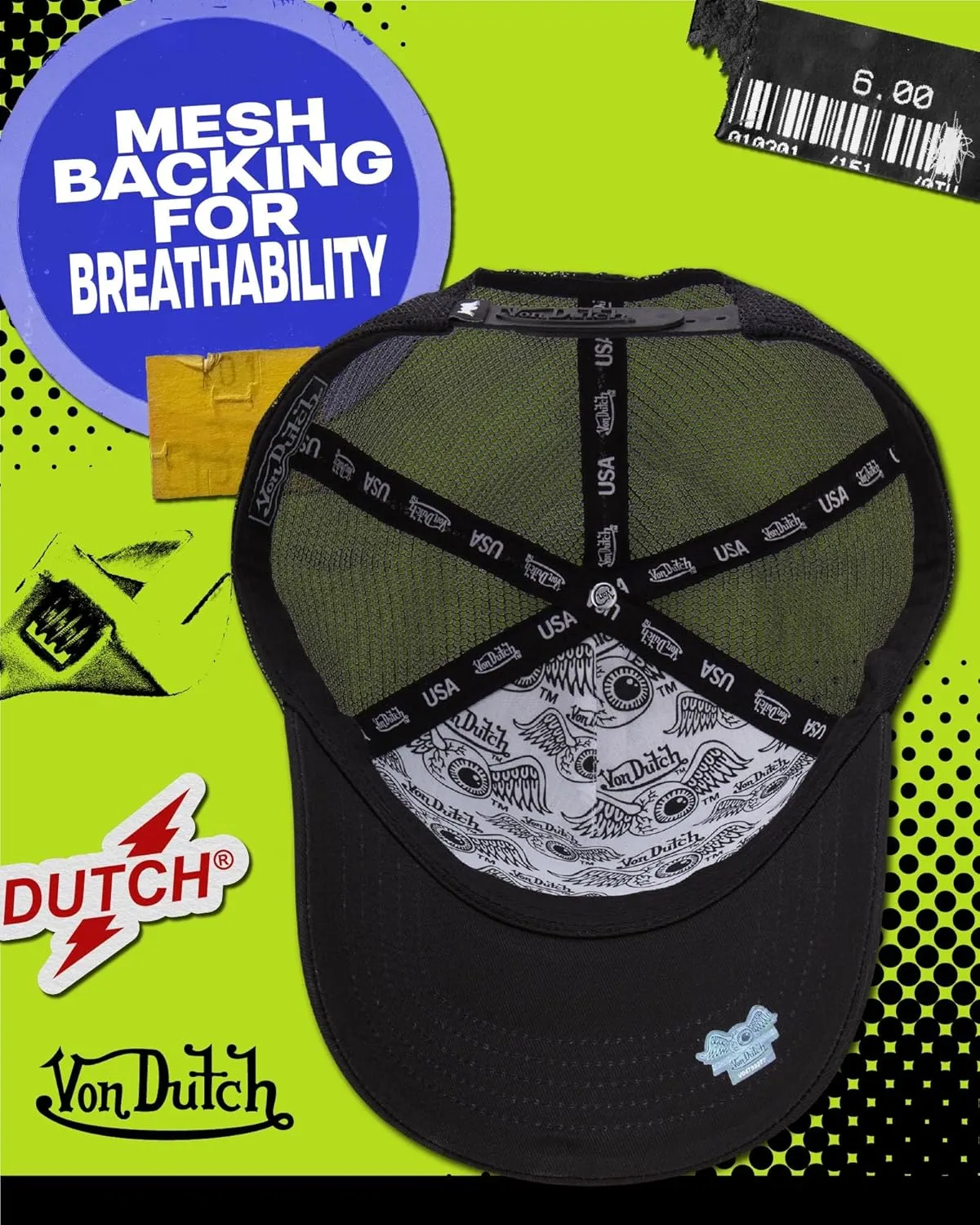 Von Dutch Unisex Trucker Hat - Curved Bill Mesh Back Retro Classic Adjustable Snapback Baseball Cap for Men and Women