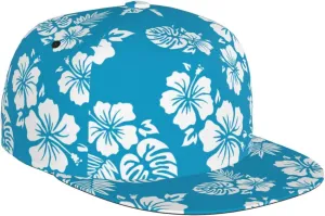 VOSERY Snapback Hats for Men - Blue Tropical Hibiscus Flowers Flat Bill Brim Hat for Men Adjustable Baseball Cap