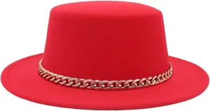 Women Classic Solid Color Chain Fedora Hats Men Jazz Flat Wide Big Brim Round Hat